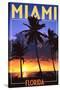 Miami, Florida - Palms and Sunset-Lantern Press-Stretched Canvas