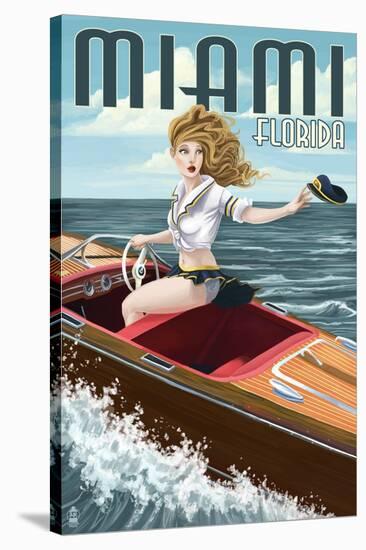 Miami, Florida - Pinup Girl Boating-Lantern Press-Stretched Canvas