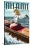 Miami, Florida - Pinup Girl Boating-Lantern Press-Stretched Canvas