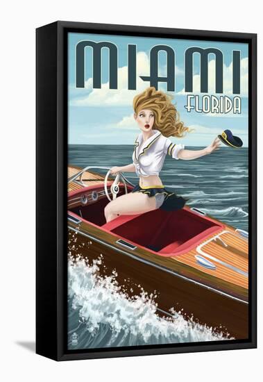 Miami, Florida - Pinup Girl Boating-Lantern Press-Framed Stretched Canvas