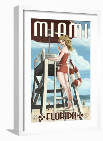 Miami, Florida - Pinup Girl Lifeguard-Lantern Press-Framed Art Print