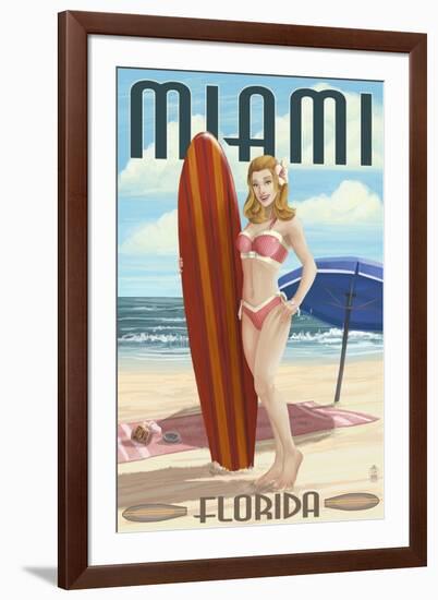 Miami, Florida - Pinup Girl Surfer-Lantern Press-Framed Art Print