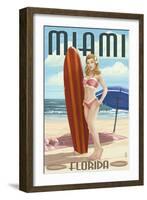 Miami, Florida - Pinup Girl Surfer-Lantern Press-Framed Art Print