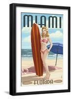 Miami, Florida - Pinup Girl Surfer-Lantern Press-Framed Art Print