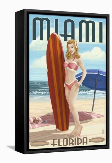 Miami, Florida - Pinup Girl Surfer-Lantern Press-Framed Stretched Canvas