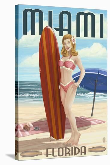 Miami, Florida - Pinup Girl Surfer-Lantern Press-Stretched Canvas