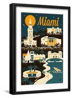 Miami, Florida - Retro Skyline-Lantern Press-Framed Art Print