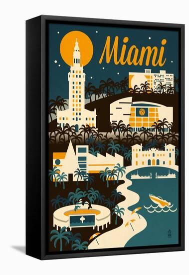 Miami, Florida - Retro Skyline-Lantern Press-Framed Stretched Canvas