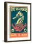 Miami, Florida - Seahorse Woodblock (Blue and Pink)-Lantern Press-Framed Art Print