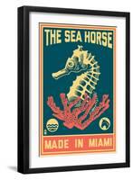 Miami, Florida - Seahorse Woodblock (Blue and Pink)-Lantern Press-Framed Art Print