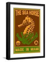 Miami, Florida - Seahorse Woodblock (Red and Green)-Lantern Press-Framed Art Print