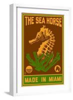 Miami, Florida - Seahorse Woodblock (Red and Green)-Lantern Press-Framed Art Print