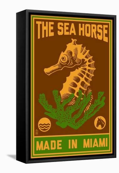 Miami, Florida - Seahorse Woodblock (Red and Green)-Lantern Press-Framed Stretched Canvas