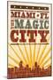 Miami, Florida - Skyline and Sunburst Screenprint Style-Lantern Press-Mounted Art Print