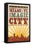 Miami, Florida - Skyline and Sunburst Screenprint Style-Lantern Press-Framed Stretched Canvas