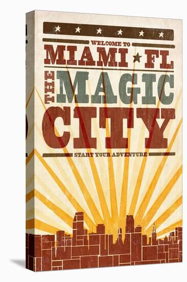 Miami, Florida - Skyline and Sunburst Screenprint Style-Lantern Press-Stretched Canvas