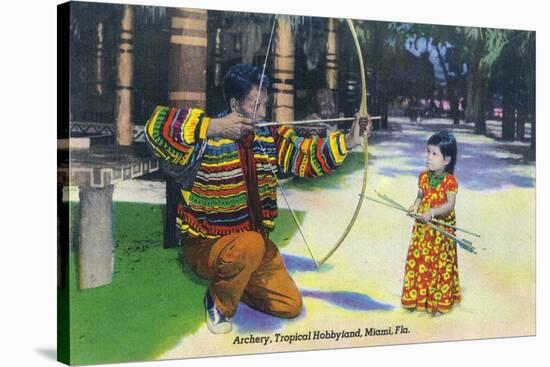 Miami, Florida - Tropical Hobbyland; Seminole Dad Showing Daughter Archery-Lantern Press-Stretched Canvas