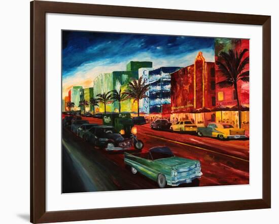 Miami Ocean Drive with Mint Cadillac-Markus Bleichner-Framed Art Print