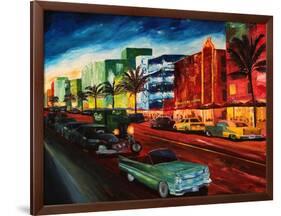 Miami Ocean Drive with Mint Cadillac-Markus Bleichner-Framed Art Print