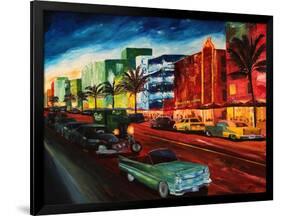 Miami Ocean Drive with Mint Cadillac-Markus Bleichner-Framed Art Print