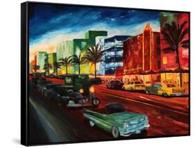 Miami Ocean Drive with Mint Cadillac-Markus Bleichner-Framed Stretched Canvas