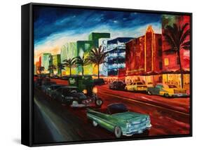 Miami Ocean Drive with Mint Cadillac-Markus Bleichner-Framed Stretched Canvas