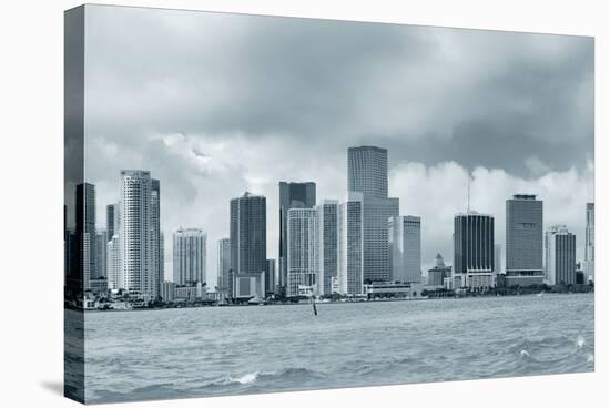 Miami Skyline Panorama in Black and White in the Day with Urban Skyscrapers and Cloudy Sky over Sea-Songquan Deng-Stretched Canvas
