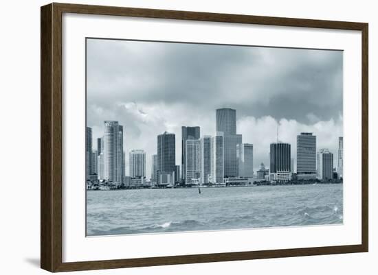 Miami Skyline Panorama in Black and White in the Day with Urban Skyscrapers and Cloudy Sky over Sea-Songquan Deng-Framed Photographic Print