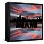 Miami Skyline Reflected with Text and Sunset Illustration-fintastique-Framed Stretched Canvas