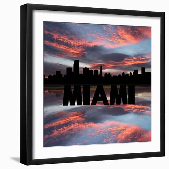 Miami Skyline Reflected with Text and Sunset Illustration-fintastique-Framed Photographic Print