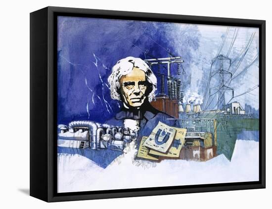 Michael Faraday with Electrical Power Station in Background-null-Framed Stretched Canvas