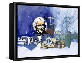 Michael Faraday with Electrical Power Station in Background-null-Framed Stretched Canvas