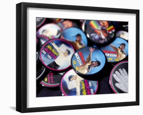 Michael Jackson Buttons Sold at Viewing of His Memorial near Apollo Theatre, July 7, 2009-null-Framed Premium Photographic Print