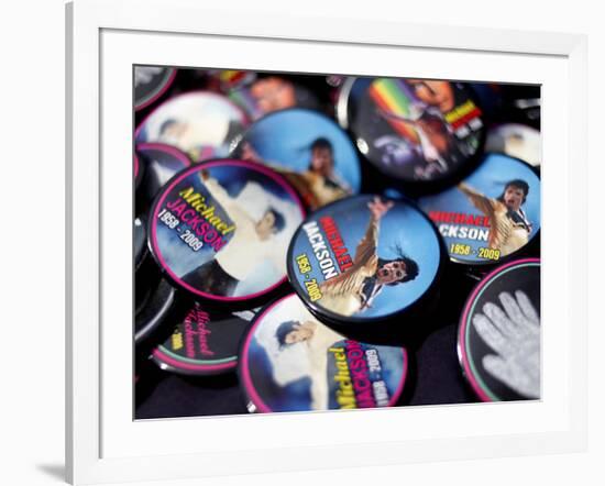 Michael Jackson Buttons Sold at Viewing of His Memorial near Apollo Theatre, July 7, 2009-null-Framed Photographic Print