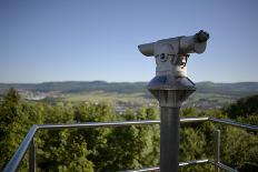 coin-operated binoculars with view to Swabian Alps, Salach, Baden-Wurttemberg, Germany-Michael Weber-Framed Photographic Print