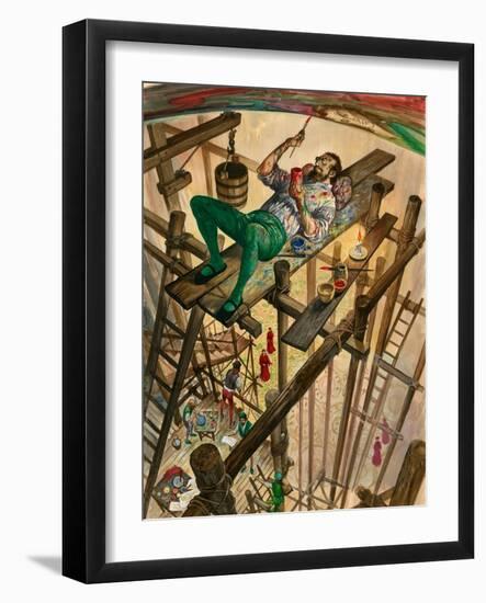 Michelangelo Painting the Ceiling of the Sistine Chapel in Rome, the Pope Watching from Far Below-Peter Jackson-Framed Premium Giclee Print