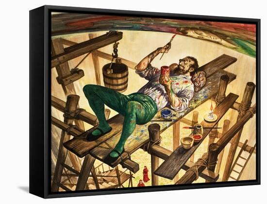 Michelangelo Painting the Ceiling of the Sistine Chapel in Rome-Peter Jackson-Framed Stretched Canvas