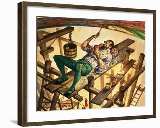 Michelangelo Painting the Ceiling of the Sistine Chapel in Rome-Peter Jackson-Framed Giclee Print