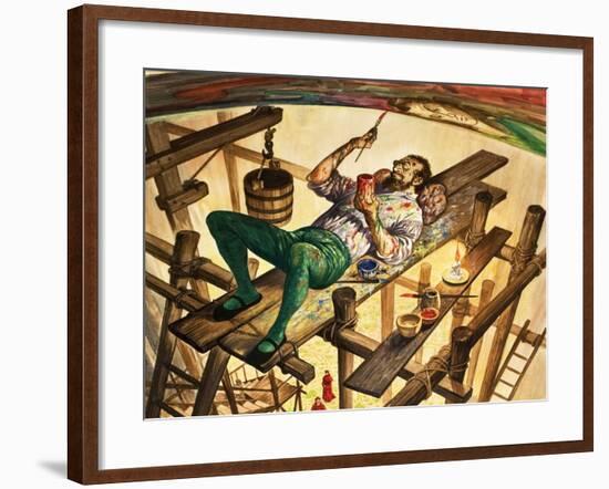 Michelangelo Painting the Ceiling of the Sistine Chapel in Rome-Peter Jackson-Framed Giclee Print