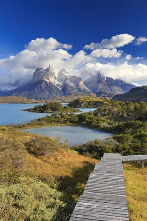 Chile, Patagonia, Torres Del Paine National Park, Cuernos Del Paine Peaks and Lake Pehoe