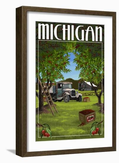 Michigan - Cherry Orchard Harvest-Lantern Press-Framed Art Print
