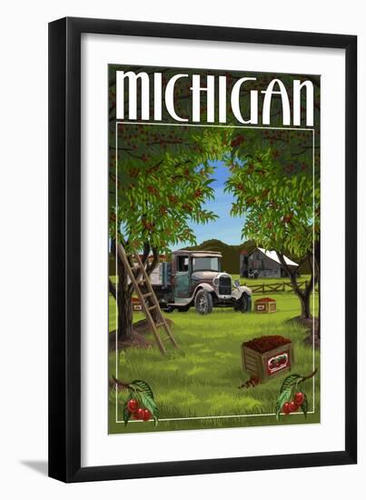 Michigan - Cherry Orchard Harvest-Lantern Press-Framed Art Print