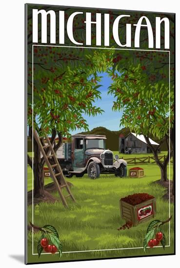 Michigan - Cherry Orchard Harvest-Lantern Press-Mounted Art Print