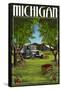 Michigan - Cherry Orchard Harvest-Lantern Press-Framed Stretched Canvas