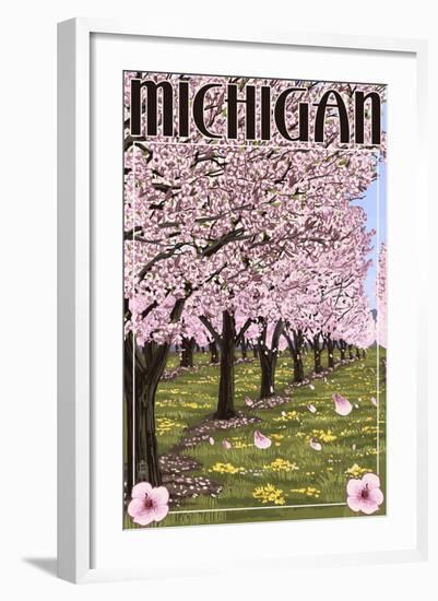 Michigan - Cherry Orchard in Blossom-Lantern Press-Framed Art Print