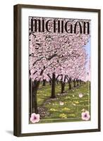 Michigan - Cherry Orchard in Blossom-Lantern Press-Framed Art Print