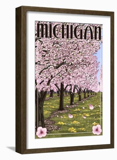 Michigan - Cherry Orchard in Blossom-Lantern Press-Framed Art Print