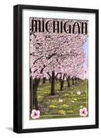 Michigan - Cherry Orchard in Blossom-Lantern Press-Framed Art Print