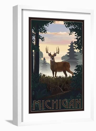 Michigan - Deer and Sunrise-Lantern Press-Framed Art Print