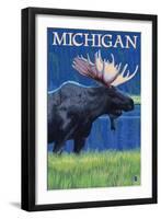 Michigan - Moose at Night-Lantern Press-Framed Art Print